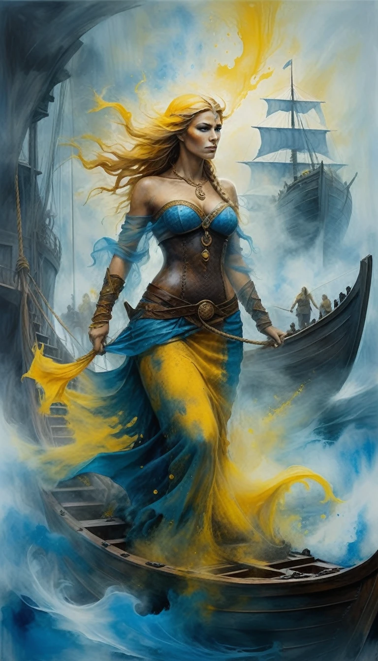 Voyage of Valor: Anthropomorphism as mermaids Valkiria Norse viking woman sailing on a ship, set in a surreal, smoky environment,  blue and yellow oil paint splatters and swirling mist give the scene a chaotic, intense and ominous feel, blending abstract art with detailed architecture