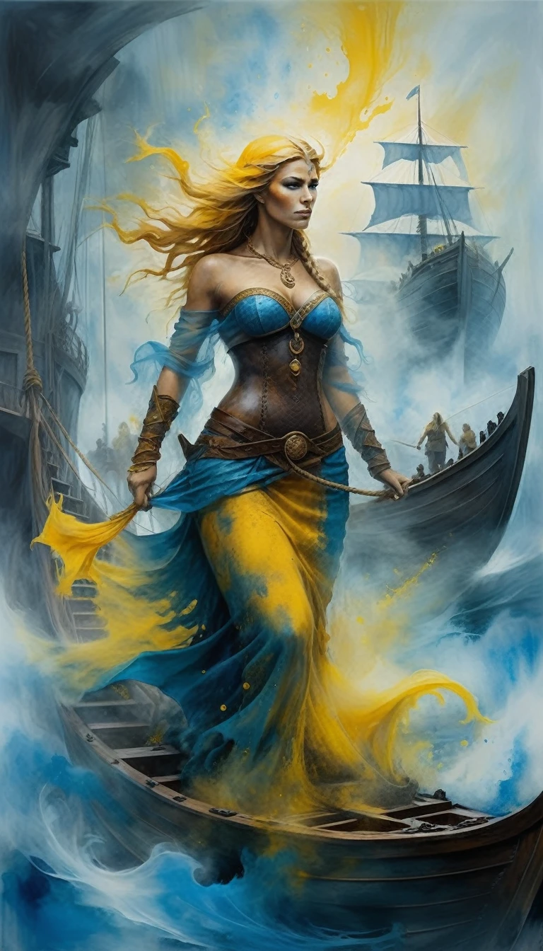 Voyage de la Valeur: Anthropomorphisme sous la forme de sirènes Valkiria, femme viking nordique naviguant sur un navire, se déroulant dans un univers surréaliste, environnement enfumé,  des éclaboussures de peinture à l'huile bleue et jaune et une brume tourbillonnante donnent à la scène un aspect chaotique, atmosphère intense et menaçante, mélangeant l'art abstrait à l'architecture détaillée