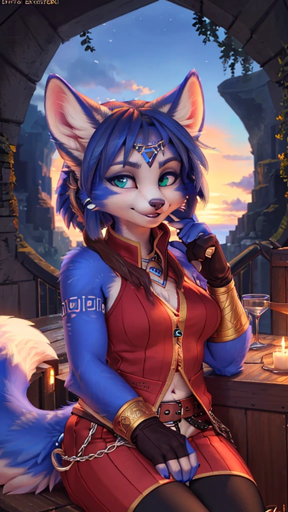 A beautiful and detailed (sweet portrait) wa ((Krystal)), Star Fox Krystal, sslim, lovable, green eyes, medium breasts, (((Long blue hair 1.3))),  ((black hair tips)), Decollete, grin, look up,, anthro, furry, Uploaded E621, detailed fluffy fur, (wa Fluff-Kevlar, Bayard Wu, Personalami, Pino Daeni), detailed face, (fluffy), 1 girl, alone,  Tribal clothing, sweet girl, 
