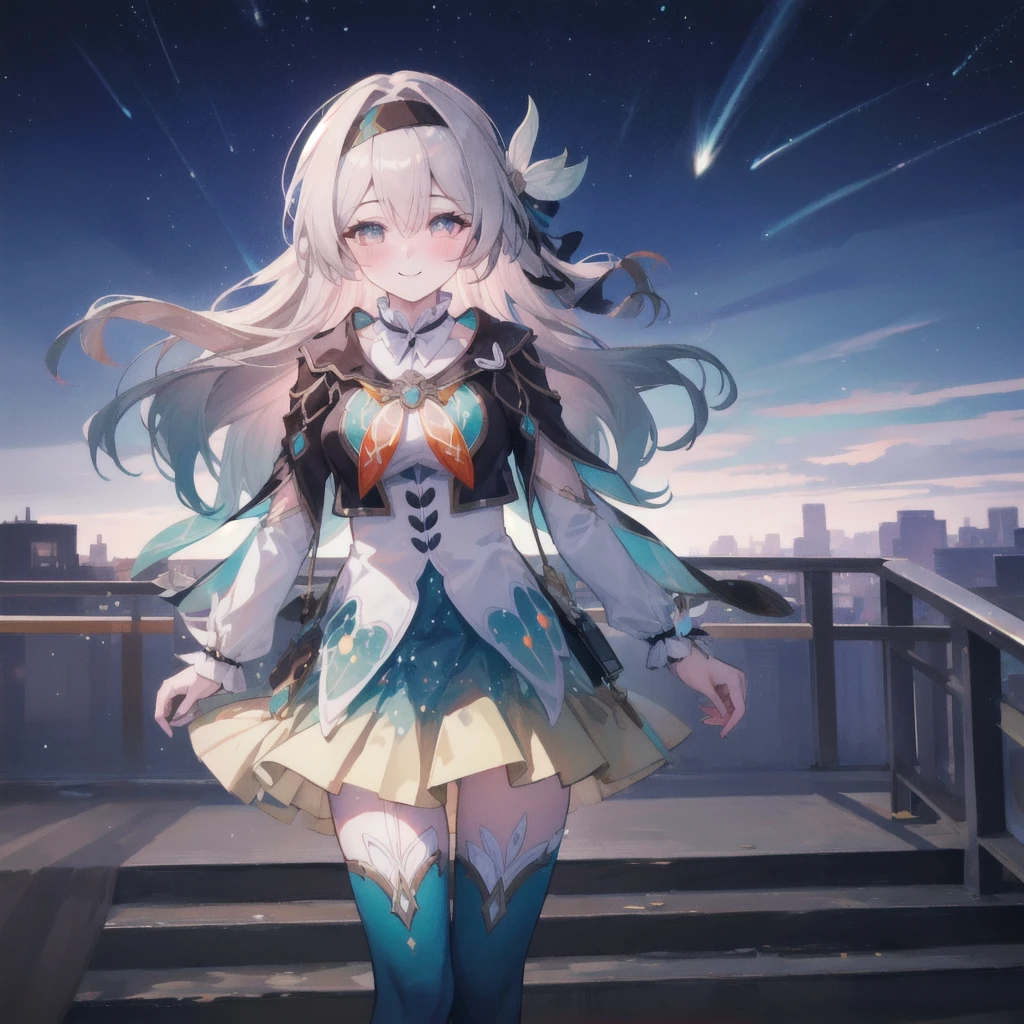 ((Masterpiece,best quality)), 1 girl, firefly, headband, thigh high, stand, starry sky, Stair railing, floating hair, floating skirt, depth of field, smile, arms behind, lean forward, Blush,
