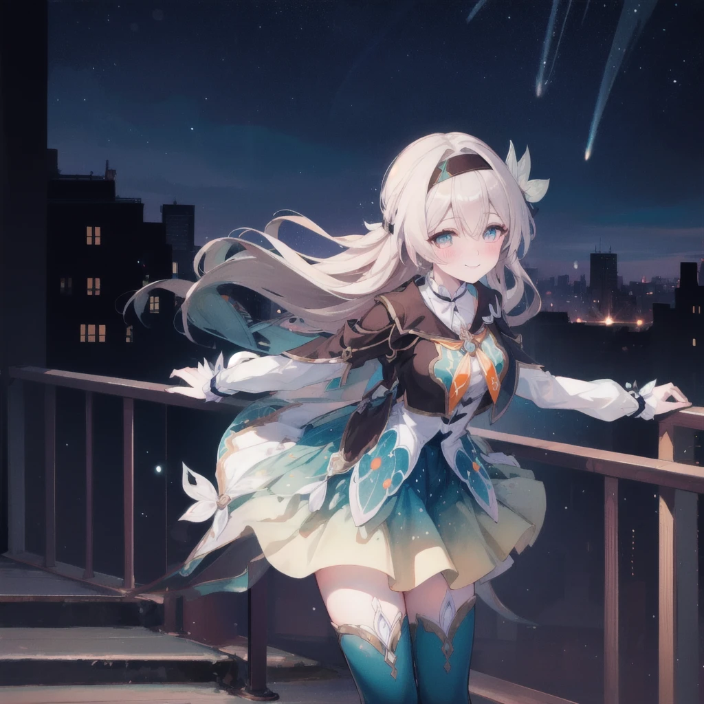 ((Masterpiece,best quality)), 1 girl, firefly, headband, thigh high, stand, starry sky, Stair railing, floating hair, floating skirt, depth of field, smile, arms behind, lean forward, Blush,