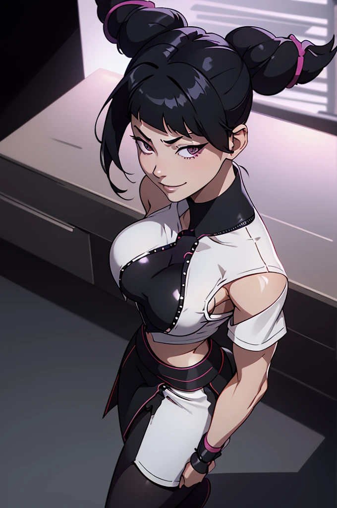 juri han, work of art, tight white secretary shirt with black tie, black high waist skirt, short skirt,stocking, black hair, black tights,evil smile,office,franja nos olhos,lighting,chifre de cabelos,view from above,olhando para cima
