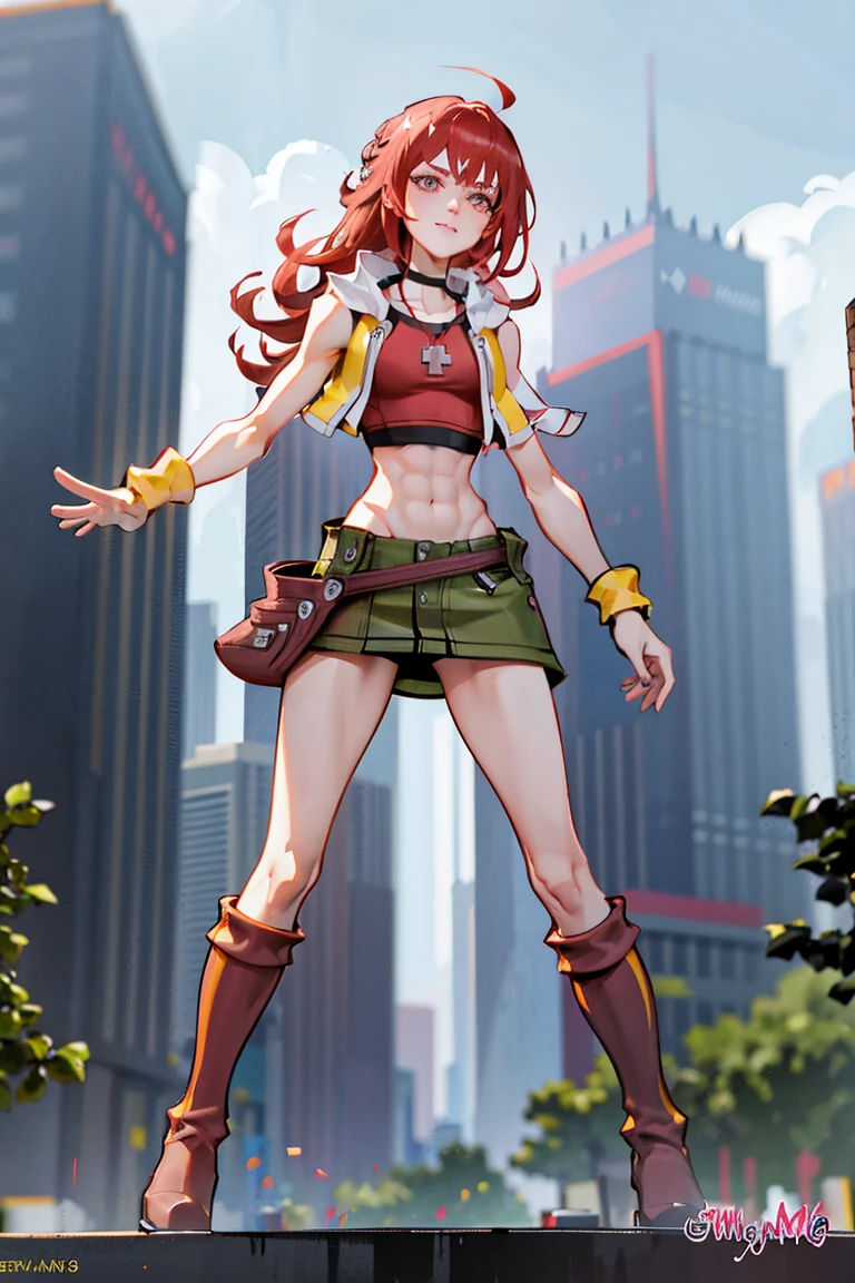 redhaired girl as a superheroine, straight redhaired, bangs, skirt,  super powerful, pink eyes, midriff, riding boots, white socks, toned arms, toned abs, tall and sexy, powerful, superb face, perfect body, tall, happy, smug, large chest, choker collar, 20yo, toned abs, evil smirk, 20yo