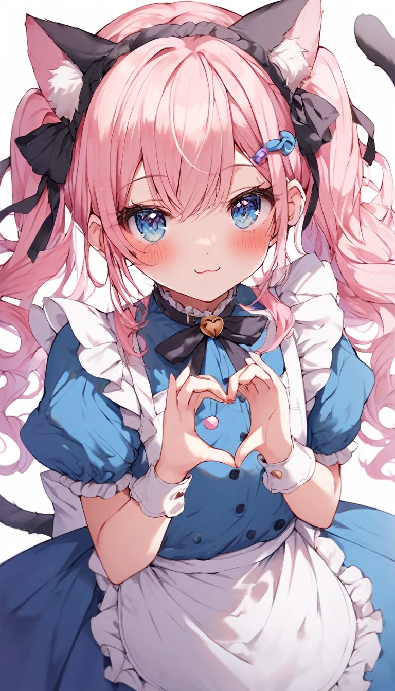 score_9, score_8_superior, score_7_superior, score_6_superior,an anime inspired picture of a cat wearing pretty blue dress with white polka dots, 1girl, animal ears, solo, heart hands, heart, blue eyes, tail, cat ears, apron, blush, white background, long hair, cat tail, dress, looking at viewer