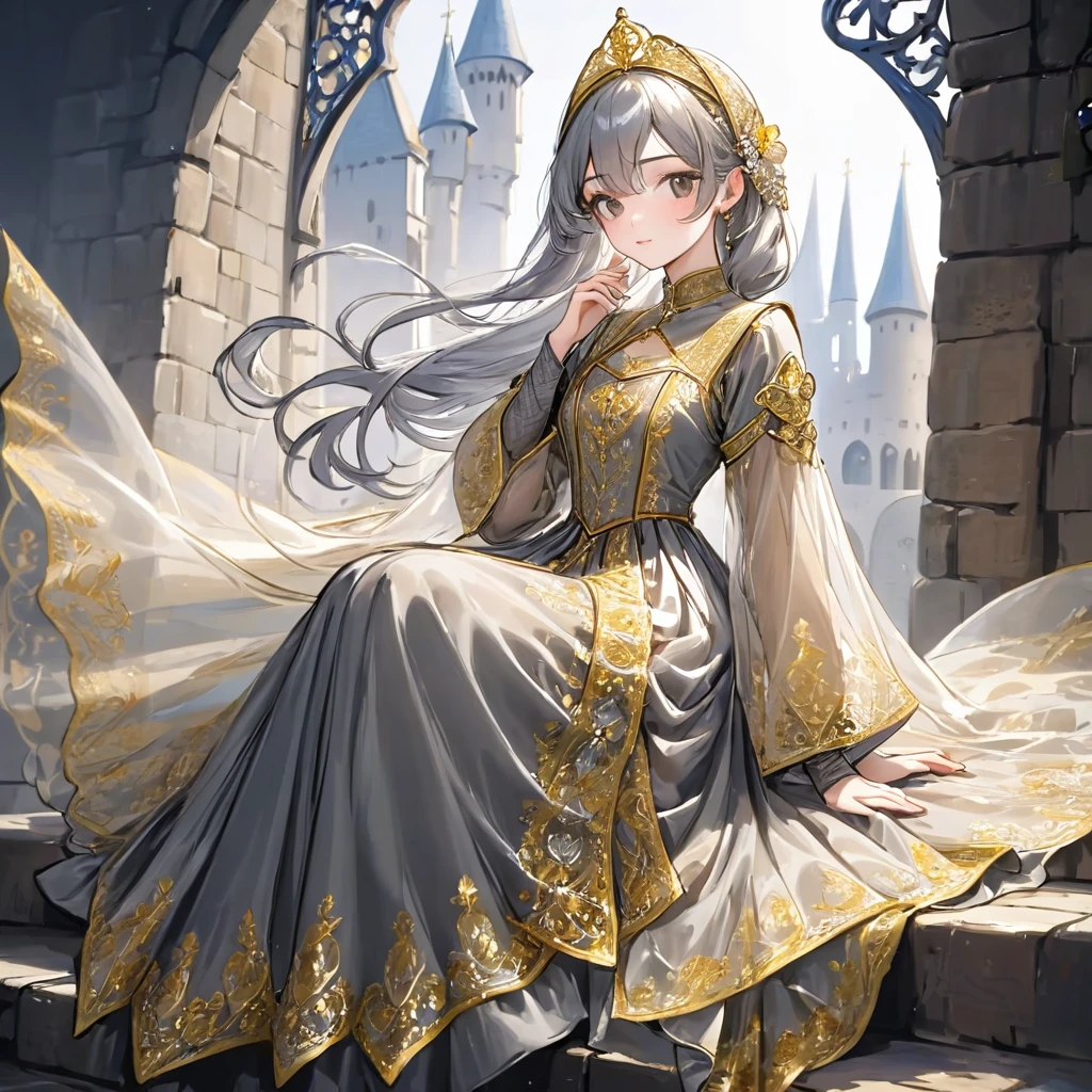 girl, Gold and silver embroidery, Platinum and pearl medieval long dress（With panniers）, Translucent fabric, Pull up the dress by hand, Strong winds, Translucent slip, Grey translucent tights, Peeking from below, Highest quality, Disorder of clothing, sit