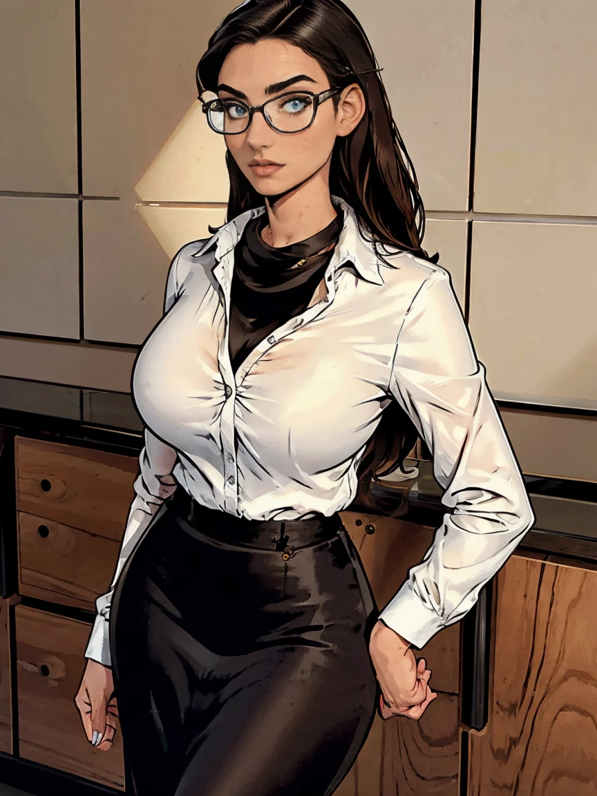 Gorgeous and sultry busty athletic (thin) brunette with sharp facial features wearing a white blouse and black pencil skirt, glasses
