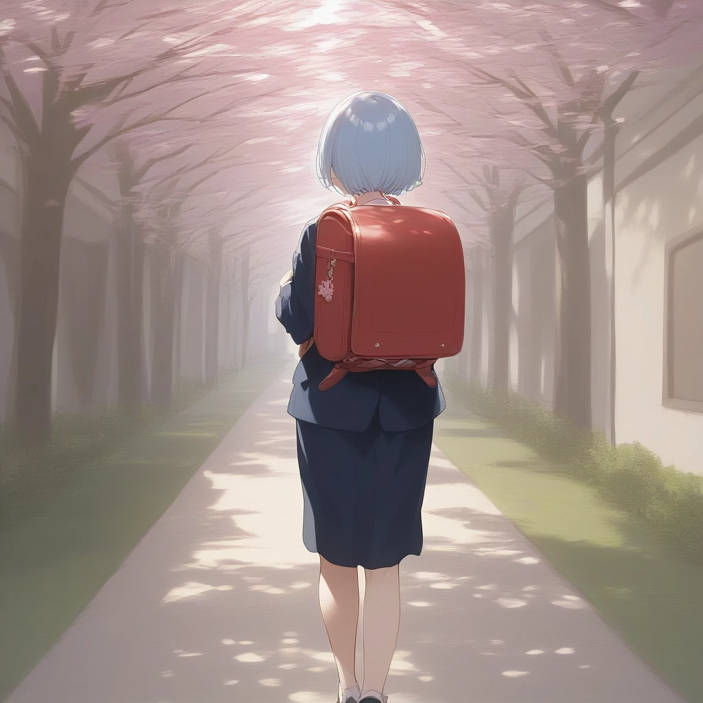 score_9, score_8_superior, score_7_superior, score_6_superior, Source Anime, One girl, Haibara, walking, School blazer, one piece, Light blue school bag, Backpack, Diagonally from behind, View your viewers, School, Cherry Blossom Road