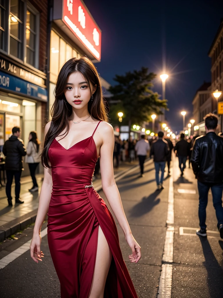 Lovely 17 year old woman, Long brown hair, Brown eyes, Sexy expression，Random actions,Red evening dress,the street lights,neonlight,Bustling street background,(Thin waist:1.1,Princess Eyes),  High quality, Masterpiece, Highly detailed，Seductive eyes