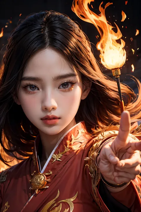 (full body portrait), (close up) ,1 girl，korean girl, 17 years old, Fire mage wearing fiery red clothes（Chinese Hanfu），The robe ...