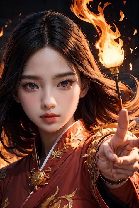 (full body portrait), (close up) ,1 girl，korean girl, 17 years old, fire mage wearing fiery red clothes（chinese hanfu），the robe ...