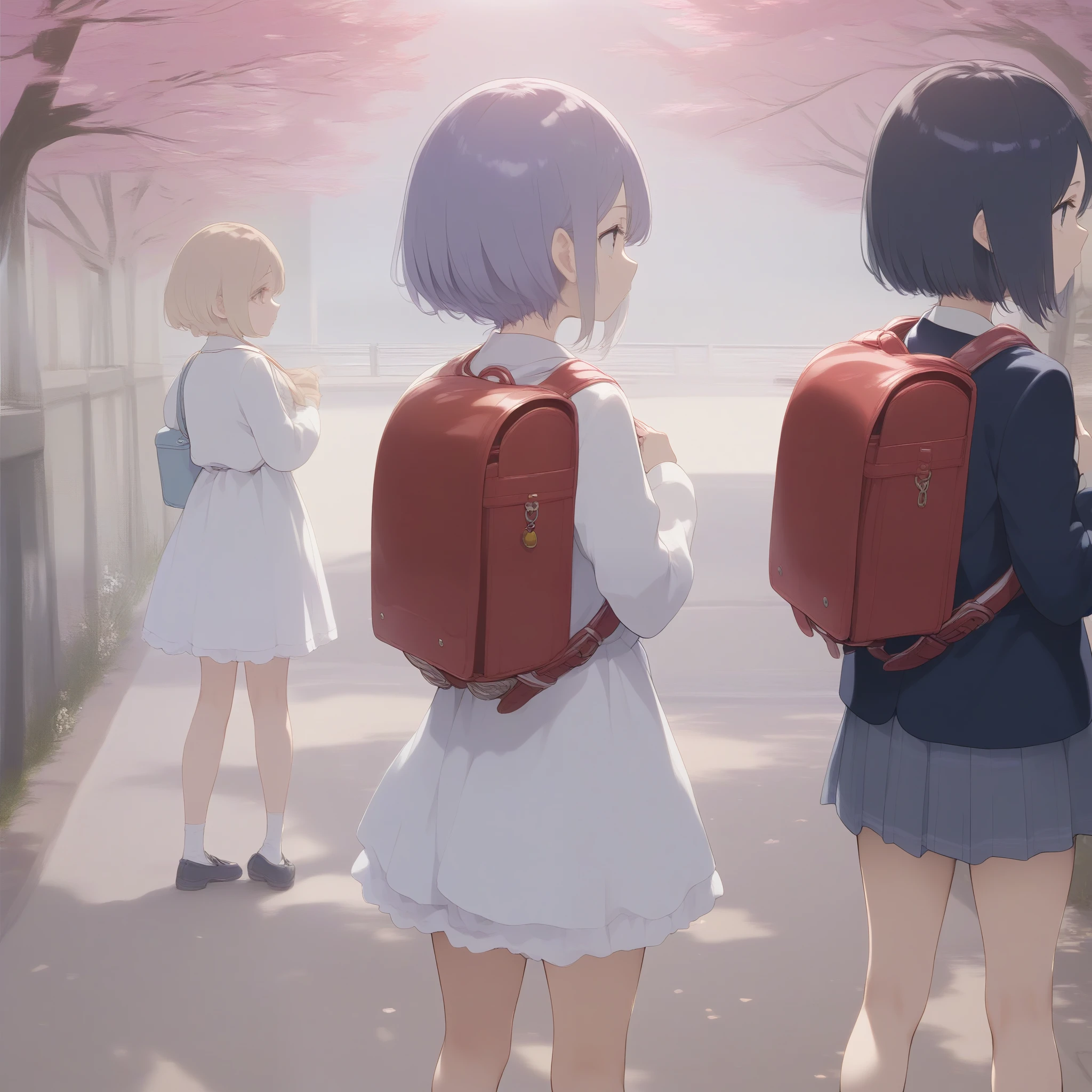 score_9, score_8_superior, score_7_superior, score_6_superior, Source Anime, ３People Girls, Haibara, Quick Run, school blazer, White dress, Purple School Bag, Backpack, Diagonally from behind, Turn around to look at the viewer, School zone, Cherry Blossom Road