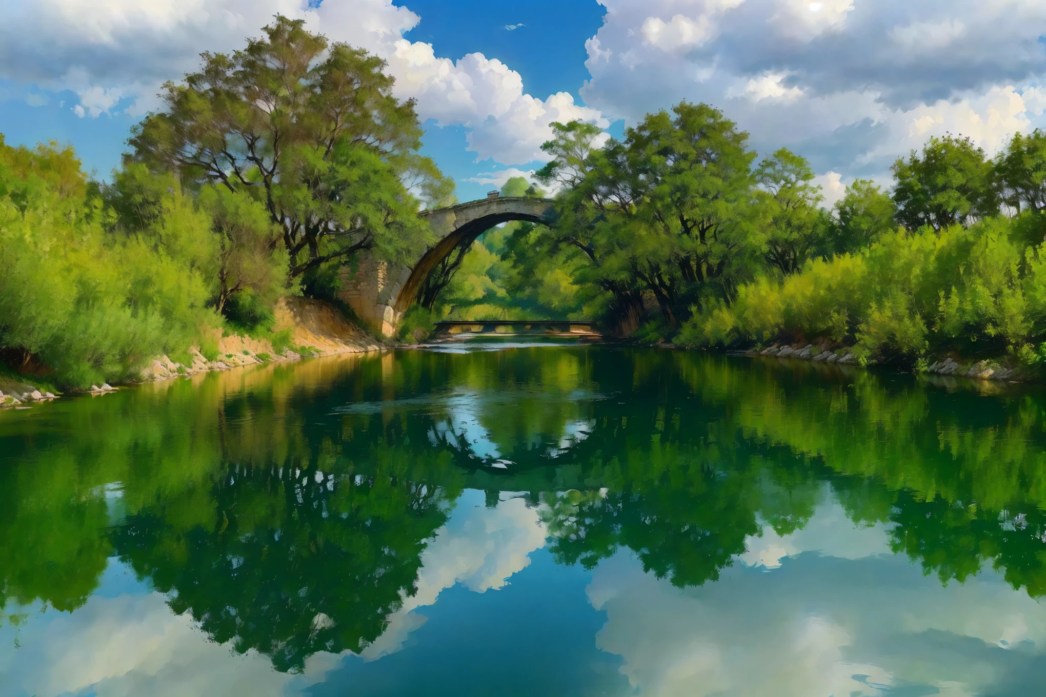 there is a river with a bridge and trees in the background, river with stunning water, reflections on the river, stone bridge, vine bridge silhouette over lake, bridge over the water, old bridge, tied bridge on local river, river with low hanging plants, green grasse trees and river, trip, Reflections in water, Incredibly beautiful, river, bridge