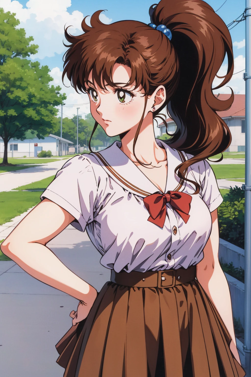 Highest quality, High resolution, 1990s \(style\), retro artstyle, 1990s anime cels style, brown , brown pleated skirt,  ponytail,In the schoolyard、