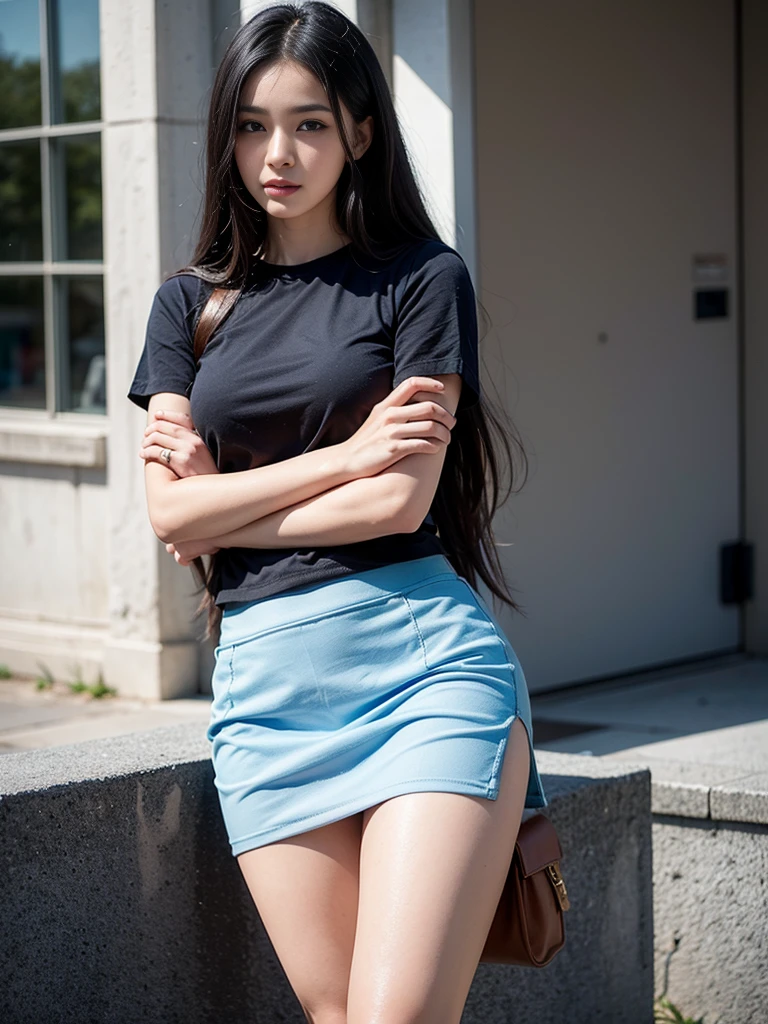 Photo of Pho3B3Cat3S, Beautiful woman, ((24 years old)), street, Short blue skirt,Blue sailor suit,Blue miniskirt， longblackhair, (Masterpiece), (Extremely detailed Cg Unity 8K wallpaper), iintricate, ((Photorealistic)),Perfect lighting, Solo, shiny long black hair、a cute young woman,stocklings，lacepantyhose，
