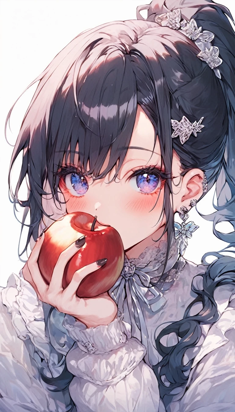 score_9, score_8_superior, score_7_superior, score_6_superior,a picture of anime boy with long black ponytail holding an apple, 1girl, solo, hair ornament, long hair, white background, black nails, blush, looking at viewer, simple background, long sleeves, upper body, nail polish, bangs