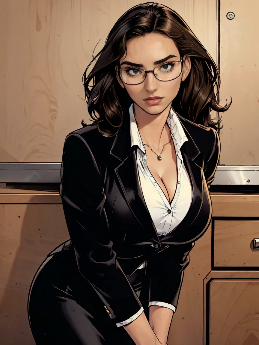 Gorgeous and sultry busty athletic (thin) brunette with sharp facial features wearing a black blazer, white blouse and black pencil skirt, glasses.  Cleavage.