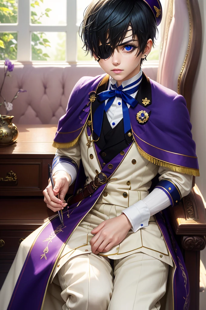 (Best Quality,4k,8k,highres,Masterpiece:1.2),A highly detailed,(Realistic,Realistic Photos,Realistic Photos:1.37),portrait,anime,Phantomhive Sky,boy,10 years old,,dark hair,Intense look,pale skin,Royal Uniform,Classic Victorian style,Stylish clothes,Precision stitching,Feather has,Golden accents,deep blue eyes,Purple eye patch,Detailed lashes,exquisite facial features,serious expression,Confident position,Stand in majestic, Sit in a beautiful office with a window behind it overlooking the garden,Dramatic shades,Invisible lens glow,vibrant colours,Rich color scheme,Royal Purple,Royal Blue,Delicate pastel tones,Gentle sunlight flows through the leaves. Ten-year-old boy dressed in boyish clothes with short hair