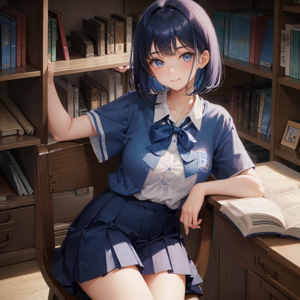 1. High school girl　17-year-old female　alone　Bobcut　dark blue hair color　　High School Uniform　light blue y shirt　Short sleeve　Blue Ribbon　Large Breasts　loafers　Full body portrait　Slim figure　Long legs　library　School library　Bookshelf　Sit on a chair　Smiling Kindly　 Verbal invitation, She keeps her mouth open　Look up here