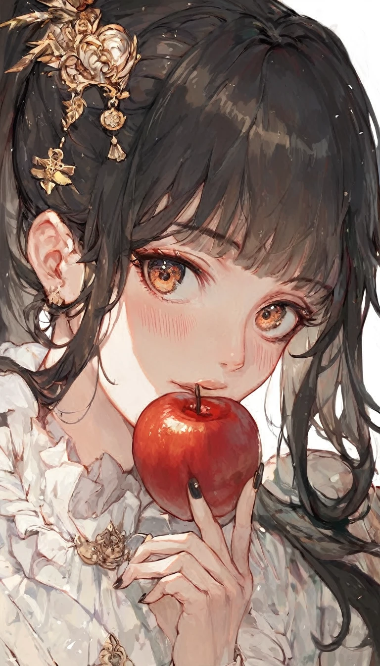 score_9, score_8_superior, score_7_superior, score_6_superior,a picture of anime boy with long black ponytail holding an apple, 1girl, solo, hair ornament, long hair, white background, black nails, blush, looking at viewer, simple background, long sleeves, upper body, nail polish, bangs