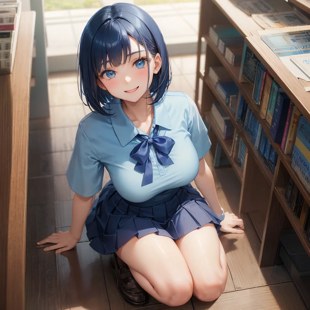 1. Chica de secundaria　mujer de 17 años　corte bob　Color de pelo azul oscuro　uniforme de secundaria　camiseta azul claro　Manga corta　cinta azul　Color de pelo azul oscuro　Figura delgada　pechos grandes　Retrato de cuerpo entero　学校のbiblioteca　sonriendo amablemente　expresión alegre　biblioteca　señales con las manos　Squat　Arrodillarse　mira aquí arriba　