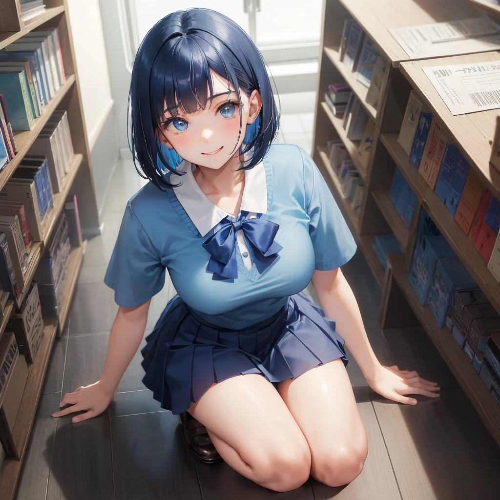 1. High school girl　17-year-old female　Bobcut　dark blue hair color　High School Uniform　Light blue Y-shirt　Short sleeve　Blue Ribbon　dark blue hair color　Slim figure　Large Breasts　Full body portrait　School library　Smiling Kindly　Cheerful expression　library　Hand Signs　squat　Kneel　Look up here　