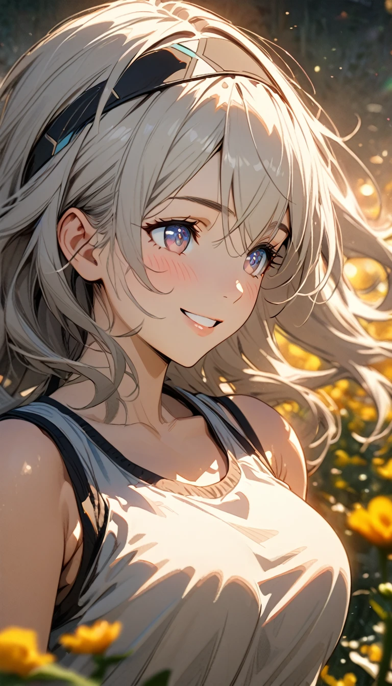 beautiful girl, long grey hair, beautiful face,smiling,close up to hips, beautiful breast, in the middle of flowers field, wearing tank tops, (open mouth:0.4),illustration,detailed textures(realists),ultra-detailed,portrait style,vivid colors,soft lighting, blushing, mature, hair fluttering, evening light , head band, side profile, no bra