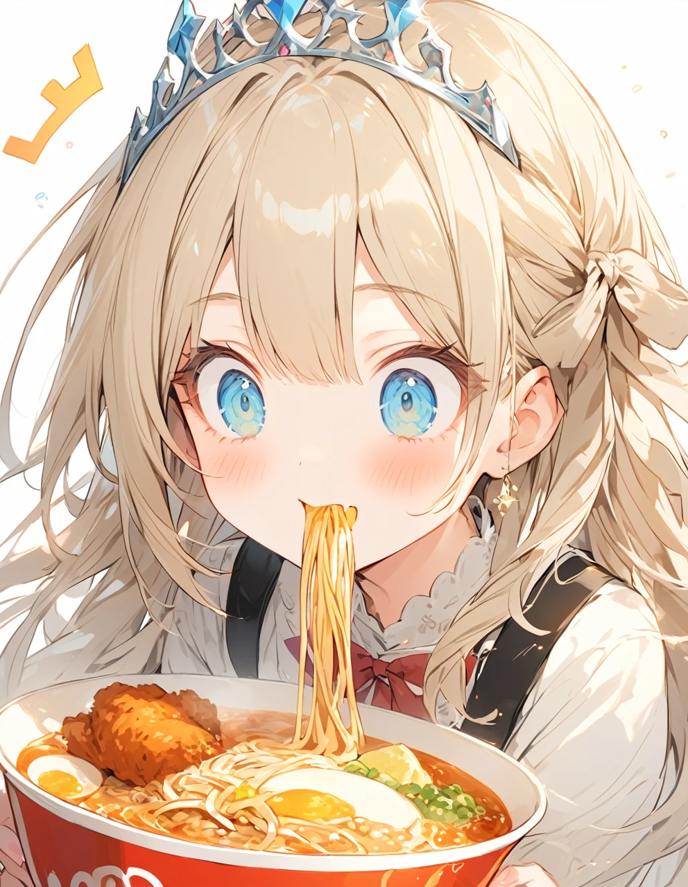 A with a princess tiara lurping ramen. Fried chicken is delicious.