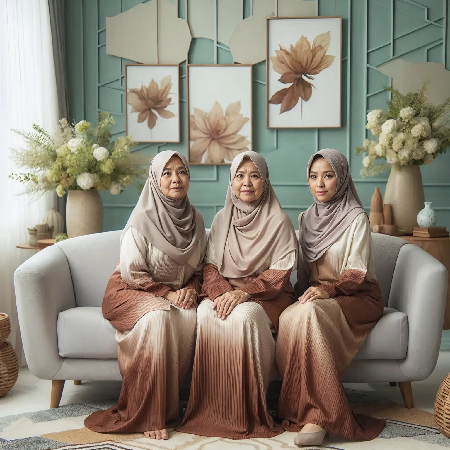 Studio Photography, 3 Indonesian women each aged 95, slightly overweight aged 50, and 25, sitting on a sofa, all wearing exclusive brown gradients white gamis Islamic sharia dress with pashmina long compliant hijab, set in a studio with modern abstract patterned walls, green flower vases, side tables, fresh color, 8k, photography, UHD.