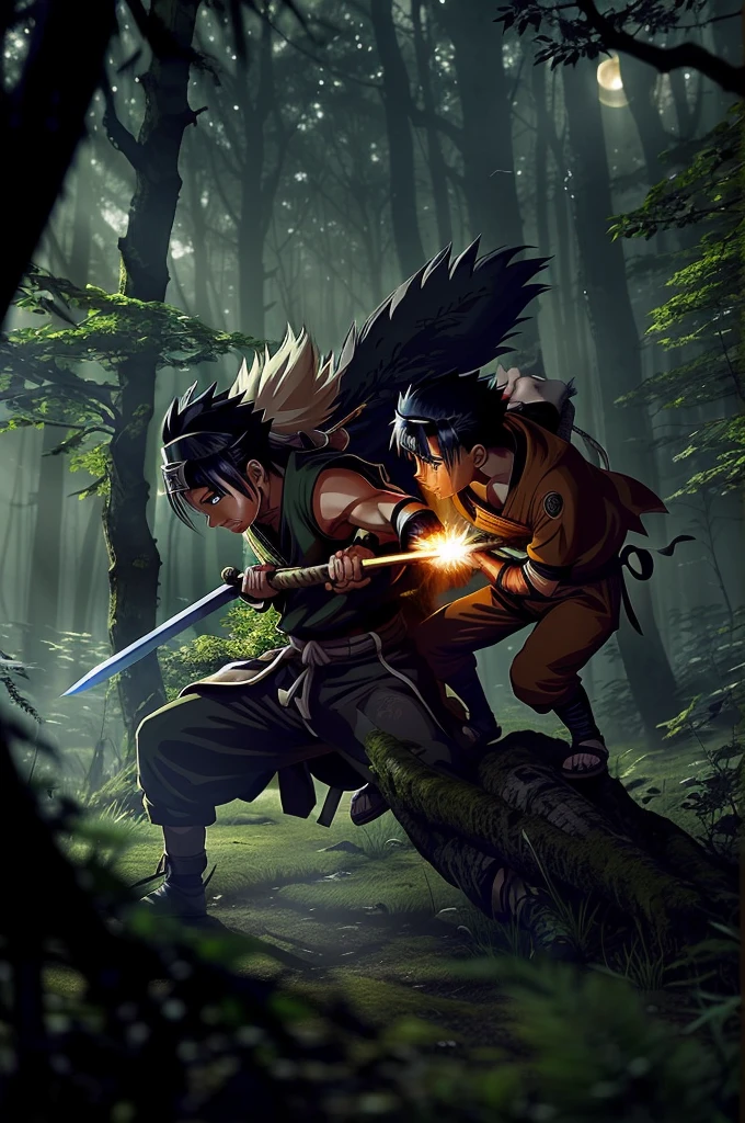 An intense anime fight scene set in a mystical forest clearing, featuring the iconic characters Naruto and Inuyasha. The battle unfolds under the moonlit sky, with Naruto unleashing powerful chakra-infused attacks while Inuyasha wields his legendary Tessaiga sword with ferocity. The surroundings are adorned with ancient trees, shimmering moonlight, and swirling leaves, adding to the dramatic atmosphere. The clash between these two beloved heroes is filled with dynamic movements, energy blasts, and strategic combat maneuvers, capturing the essence of their unique fighting styles and abilities."