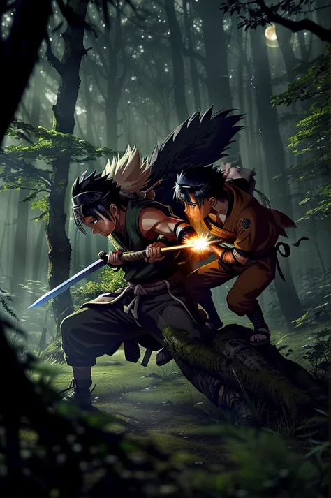 An intense anime fight scene set in a mystical forest clearing, featuring the iconic characters Naruto and Inuyasha. The battle ...