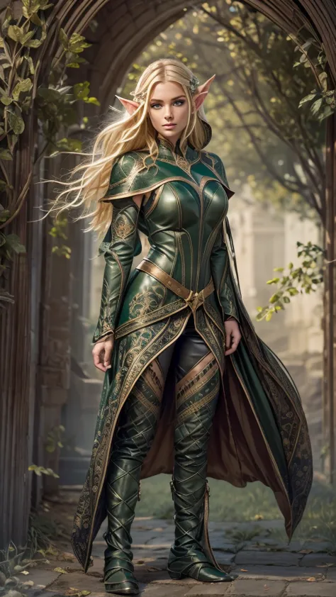 medieval setting, full view of body, (detailed elf ear, 1 woman, elven featured face, beautiful green eyes, blonde hair), leathe...