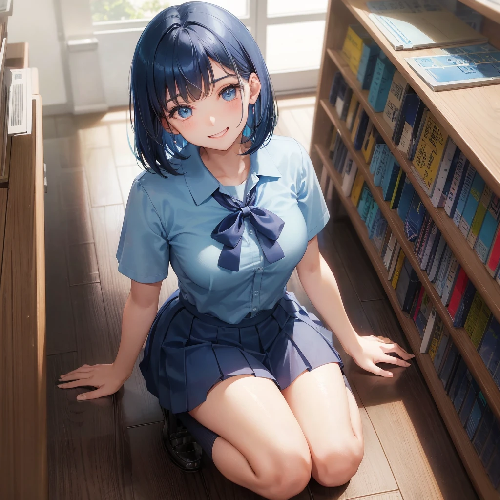 1. High school girl　17-year-old female　Bobcut　dark blue hair color　High School Uniform　Light blue Y-shirt　Short sleeve　Blue Ribbon　dark blue hair color　Slim figure　Large Breasts　Full body portrait　School library　Smiling Kindly　Cheerful expression　library　Hand Signs　squat　Kneel　Look up here　
