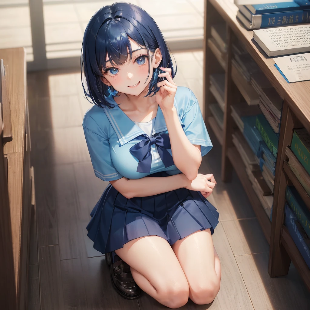 1. Chica de secundaria　mujer de 17 años　corte bob　Color de pelo azul oscuro　uniforme de secundaria　camiseta azul claro　Manga corta　cinta azul　Color de pelo azul oscuro　Figura delgada　pechos grandes　Retrato de cuerpo entero　学校のbiblioteca　sonriendo amablemente　expresión alegre　biblioteca　señales con las manos　Squat　Arrodillarse　mira aquí arriba　