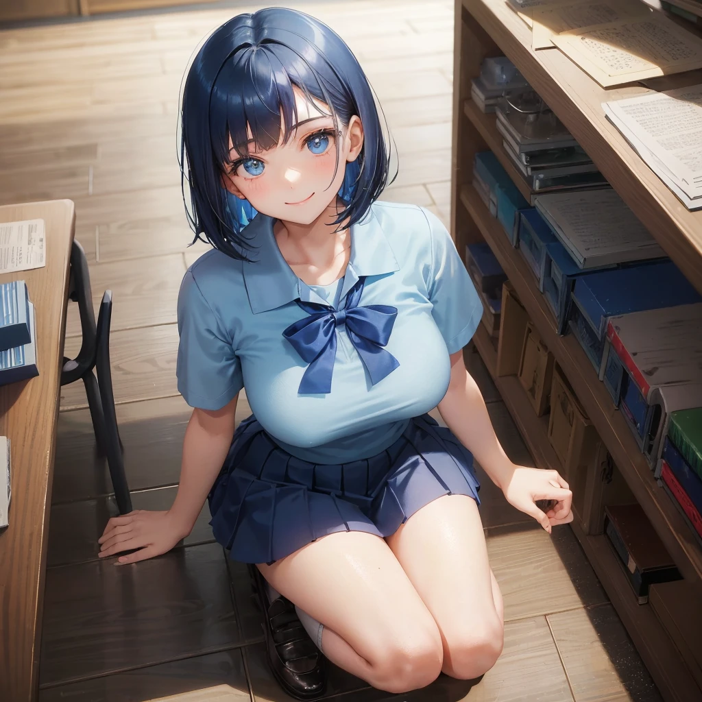 1. High school girl　17-year-old female　Bobcut　dark blue hair color　High School Uniform　Light blue Y-shirt　Short sleeve　Blue Ribbon　dark blue hair color　Slim figure　Large Breasts　Full body portrait　School library　Smiling Kindly　Cheerful expression　library　Hand Signs　squat　Kneel　Look up here　