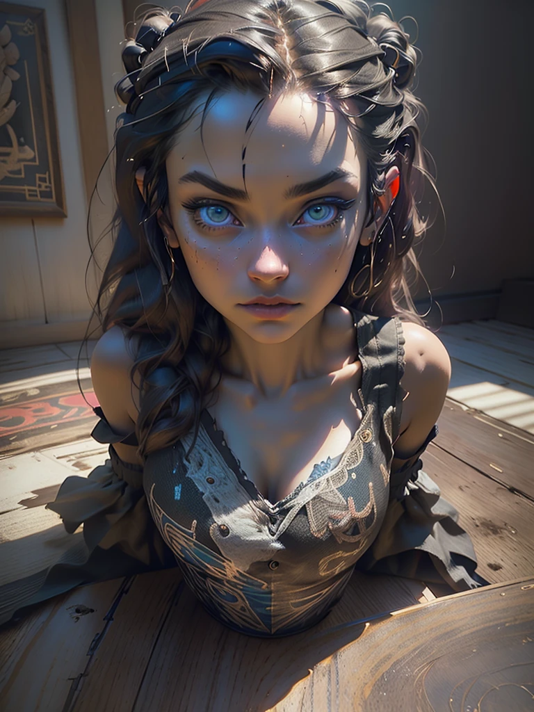 1girl,fantasy tavern interior,girl with blue lion eyes,black hair,pale skin,small breasts,slim waist,fit body,witch,mug of beer,candlelight,wooden furniture,intricate details,(best quality,4k,8k,highres,masterpiece:1.2),ultra-detailed,(realistic,photorealistic,photo-realistic:1.37),studio lighting,vivid colors,dramatic lighting