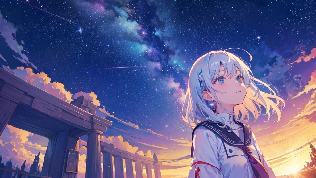 mystical and starry sky with a girl in the background looking up