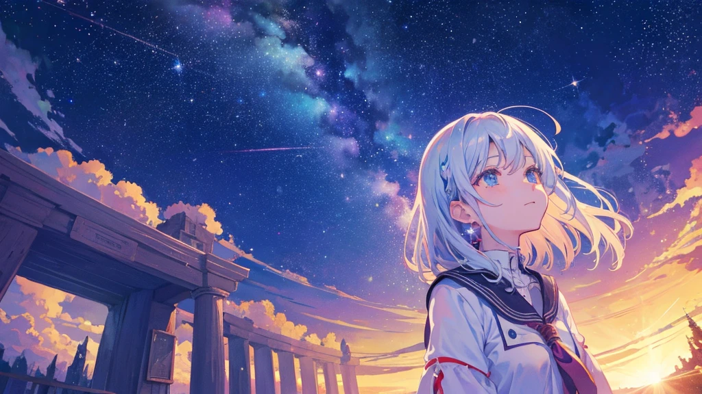 神秘的な星空と、背景に見上げる少女