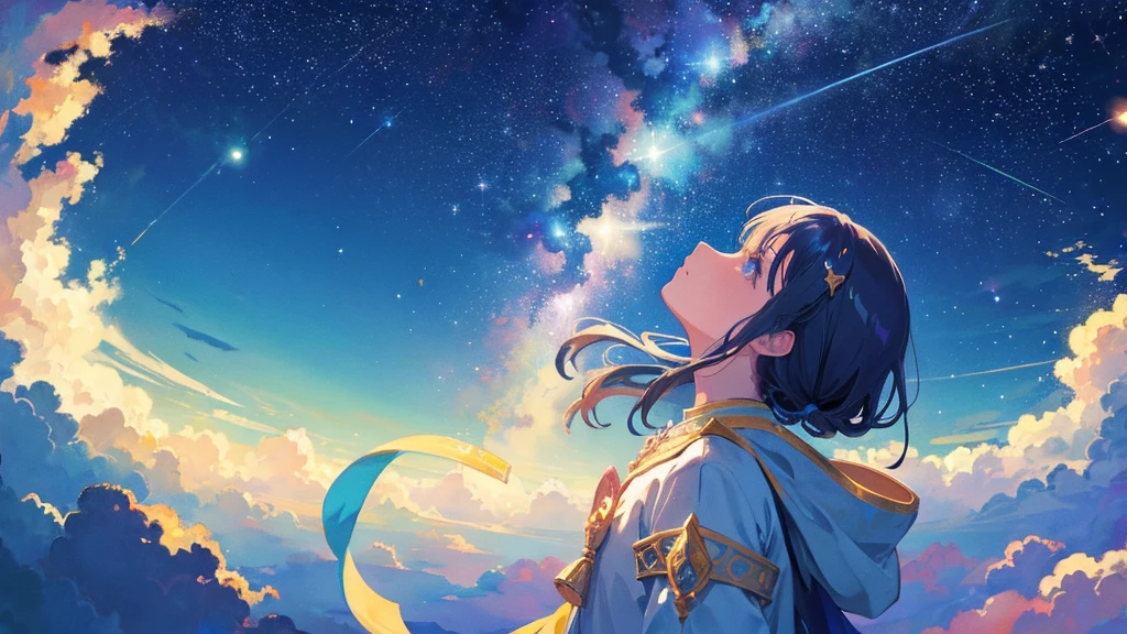 mystischer Sternenhimmel mit einem Mädchen im Hintergrund, das nach oben schaut