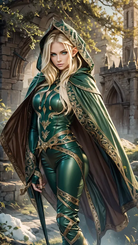 medieval setting, full view of body, (detailed elf ear, 1 woman, elven featured face, beautiful green eyes, blonde hair), leathe...