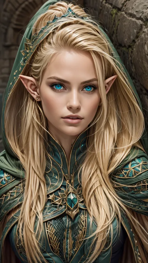 medieval setting, full view of body, (detailed elf ear, 1 woman, elven featured face, beautiful green eyes, blonde hair), leathe...
