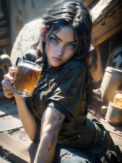 1girl,fantasy tavern interior,girl with blue lion eyes,black hair,pale skin,small breasts,slim waist,fit body,witch,mug of beer,...