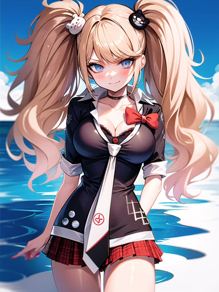 junko enoshima, blonde long hair, 1girl, twintails, solo, breasts, blue eyes, cleavage, collarbone, large breasts, bangs, blush, closed mouth, smirk, looking at viewer, upper body, bear hair ornament, nail polish, red nails, red bow, black shirt, underwear, choker, black bra, sleeves rolled up, white necktie, pleated plaid red skirt, , black cross-laced knee boots, shiny, shiny hair, botw style,