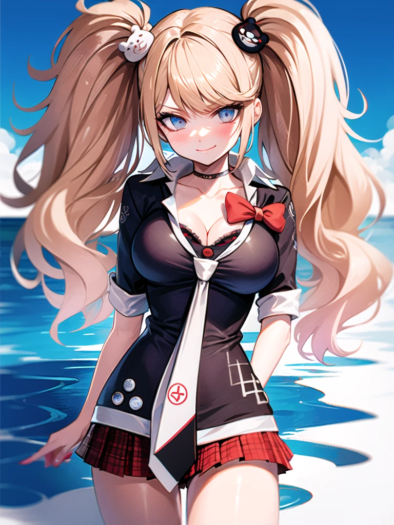 Junko Enoshima, cheveux longs blonds, 1fille, Twintails, seulement, seins, yeux bleus, clivage, clavicule, large seins, frange, Rougir, bouche fermée, petit sourire satisfait, regarder le spectateur, haut du corps, ornement de cheveux d&#39;ours, vernis à ongle, ongles rouges, arc rouge, chemise noire, Sous-vêtement, foulard, soutien gorge noir, manches retroussées, cravate blanche, jupe rouge plissée à carreaux, , bottes noires à lacets croisés, brillant, brillant hair, Style deux,