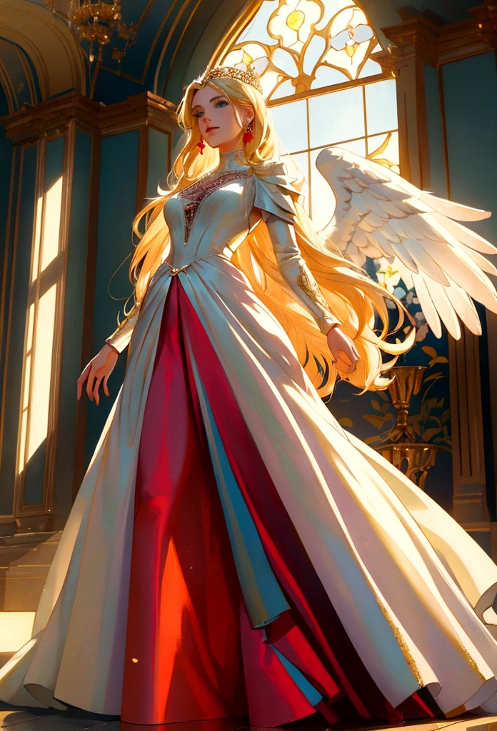 Arafed, a picture of a female angel in high society prom event, divine beautiful female angel, blond hair, long hair, flowing hair, the hair glows in a soft light, cerulean eyes, deep light eyes, divine beautiful face, (spread white feather wings: 1.1), she wears a ((red evening dress: 1.2)), elegant, intricate detailed dress, silk dress, small cleavage, some crystals on the dress,  she wears elegant knee high heeled boots, exquisite high heeled boots, she stands on the porch of a fantasy castle, dynamic angle, soft torch light, (Masterpiece: 1.5), 16k, highres, best quality, high details, ultra detailed, masterpiece, best quality, (extremely detailed), AngelStyle, GlowingRunesAI_paleblue, angel_wings, Angel