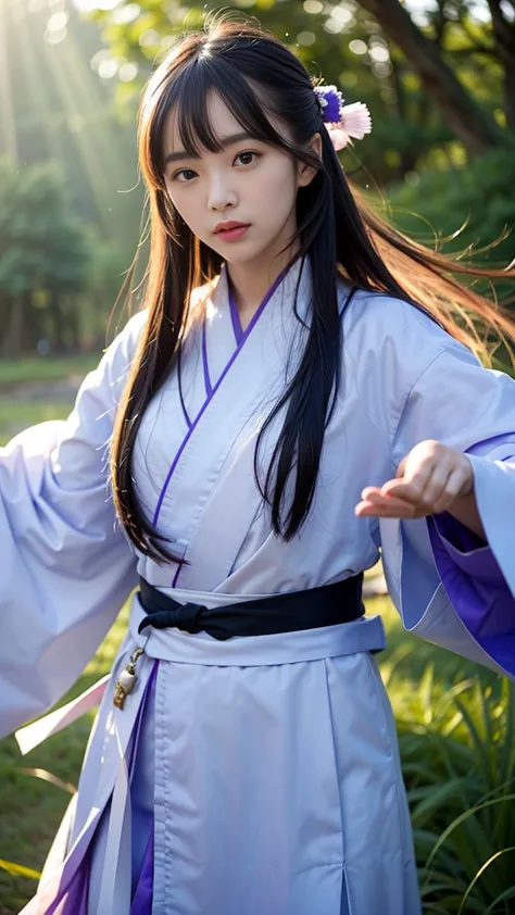 a handsome chinese girl, sharp eyes, clear facial features, wearing hanfu, combat posture, martial arts movements, body surround...