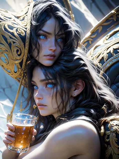 1girl,fantasy tavern interior,girl with blue lion eyes,black hair,pale skin,small breasts,slim waist,fit body,witch,mug of beer,...