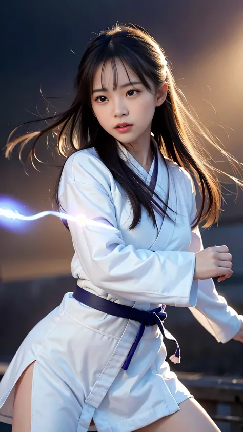 a handsome chinese girl, sharp eyes, clear facial features, wearing hanfu, combat posture, martial arts movements, body surround...