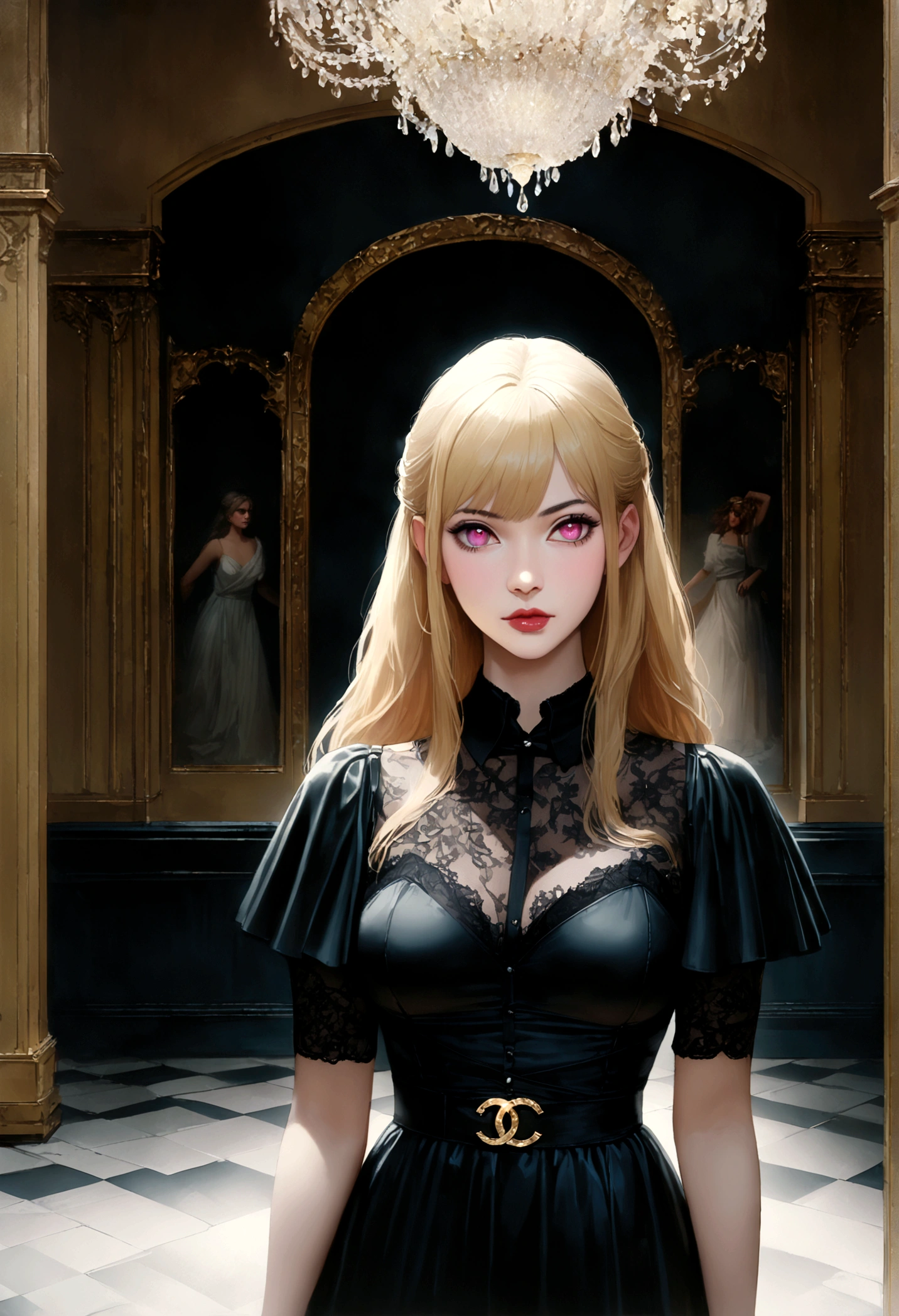 Wearing a black long dress by Chanel, hoshinoruby, star-shaped pupils, ruby_hoshino, blonde hair, bangs, 1girl, pink eyes, long hair, Floor with luxurious chandeliers, (realistic, masterpiece, high quality, 8K, high resolution:1.3), extremely detailed CG, (illustration:0.8),