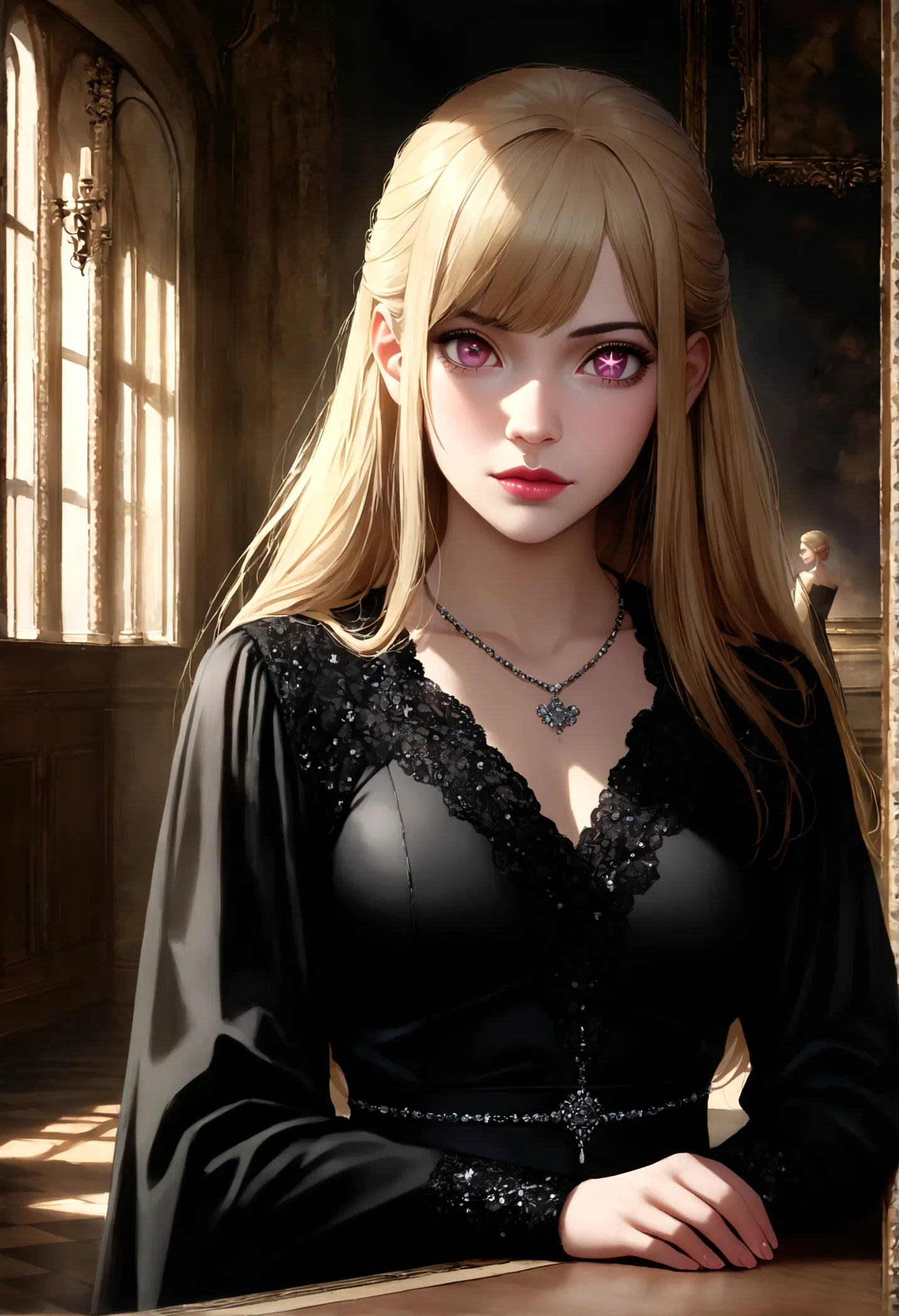 wearing a black long dress by chanel, hoshinoruby, star-shaped pupils, ruby_hoshino, blonde hair, bangs, 1girl, pink eyes, long ...