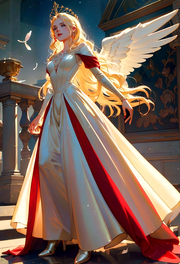 Arafed, uma foto de um anjo feminino em um evento de baile da alta sociedade, divino lindo anjo feminino, cabelo loiro, cabelo longo, Cabelo esvoaçante, o cabelo brilha com uma luz suave, olhos cerúleo, olhos claros e profundos, rosto lindo divino, (abra asas de penas brancas: 1.1), Ela usa um ((Vestido de noite vermelho: 1.2)), elegante, vestido detalhado e intricado, Vestido de seda, decote pequeno, alguns cristais no vestido,  she wears elegante knee high heeled boots, botas de salto alto requintadas, ela está na varanda de um castelo de fantasia, Ângulo Dinâmico, luz suave da tocha, (obra de arte: 1.5), 16k, alta resolução, melhor qualidade, detalhes altos, ultra detalhado, obra de arte, melhor qualidade, (extremamente detalhado), Estilo Anjo, GlowingRunesAI_azul pálido, roseira